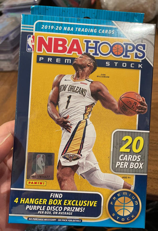 2019/20 panini hoops premium stock hanger box ( 20 cards per box , 4 purple disco prism per box ! )