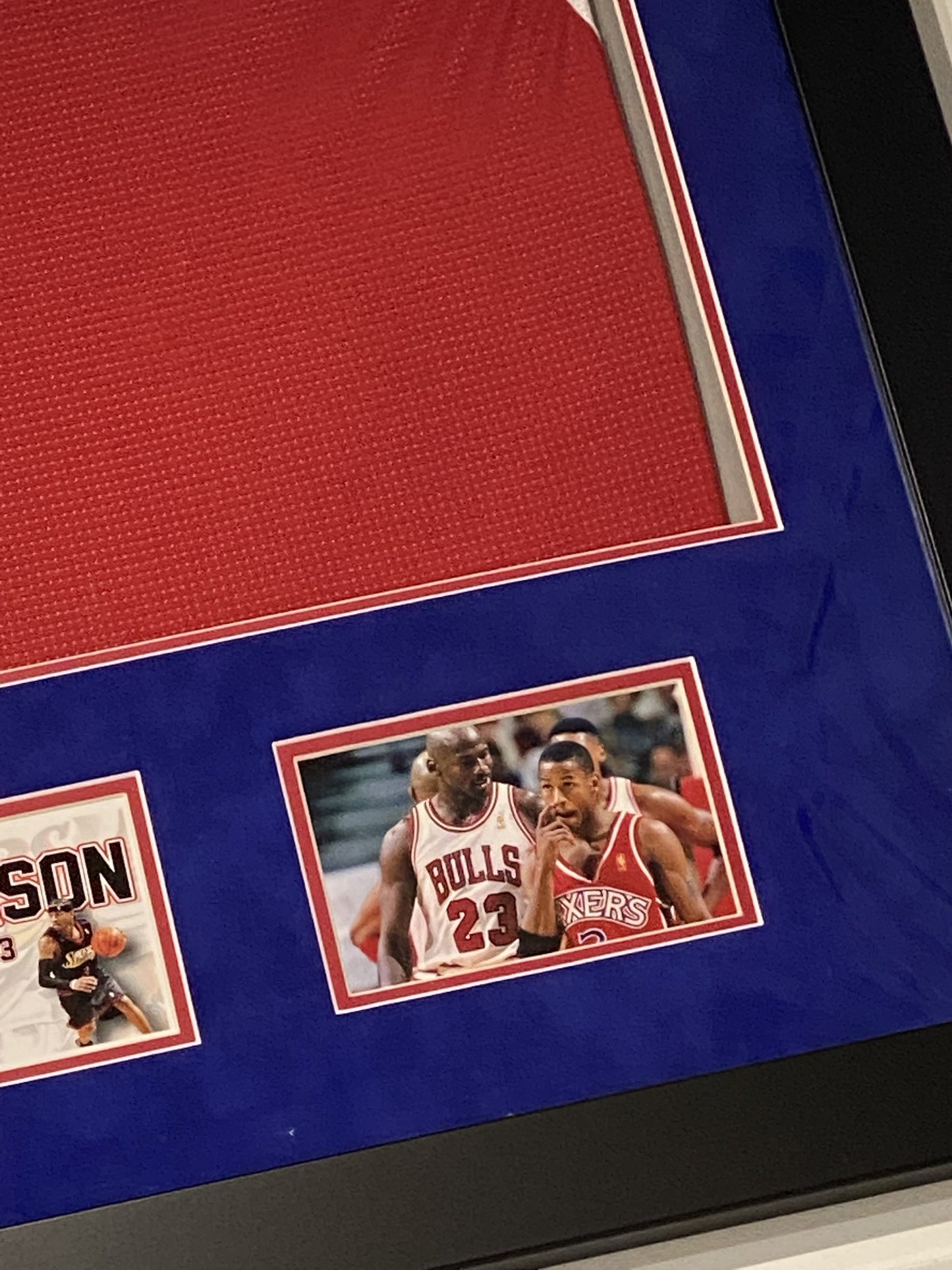 FRAMED Autographed/Signed ALLEN IVERSON 33x42 Philadelphia Sixers Red Jersey