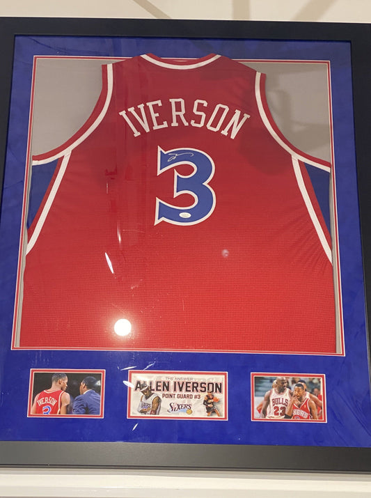 FRAMED Autographed/Signed ALLEN IVERSON 33x42 Philadelphia Sixers Red Jersey