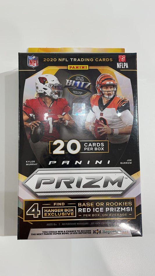 2020 Panini Prizm Football Hanger Box (20 cards per box) (4 base or rookies red ice prizms per box)